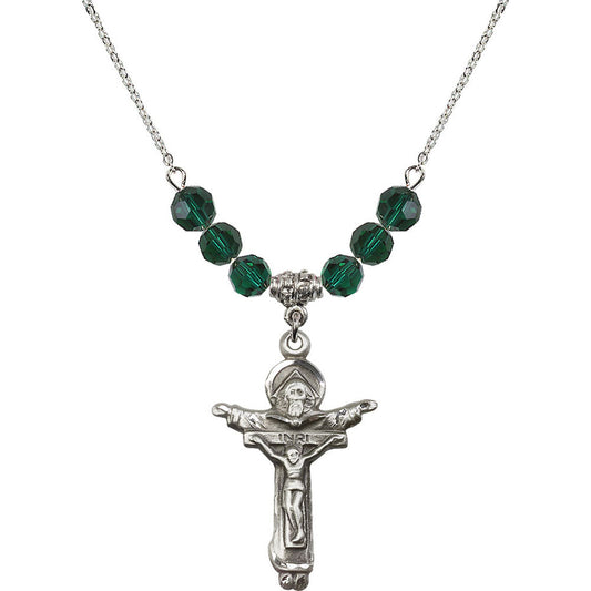 Sterling Silver Trinity Crucifix Birthstone Necklace with Emerald Beads - 0065