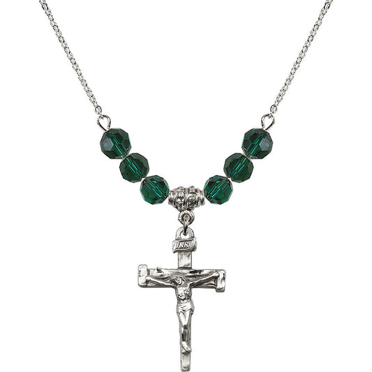 Sterling Silver Nail Crucifix Birthstone Necklace with Emerald Beads - 0073