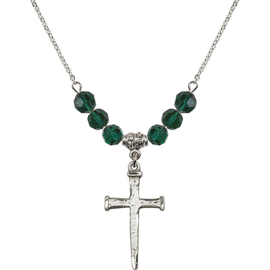 Sterling Silver Nail Cross Birthstone Necklace with Emerald Beads - 0085
