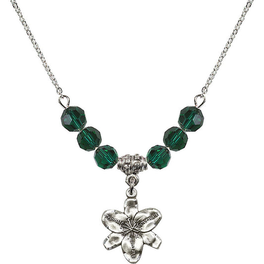 Sterling Silver Chastity Birthstone Necklace with Emerald Beads - 0088
