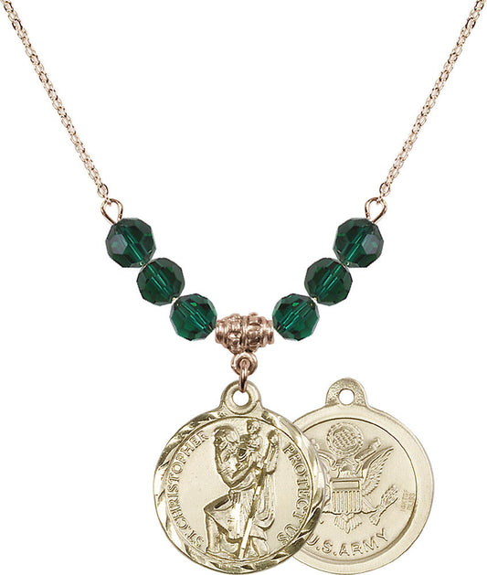 14kt Gold Filled Saint Christopher / Army Birthstone Necklace with Emerald Beads - 0192