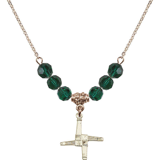 14kt Gold Filled Saint Brigid Cross Birthstone Necklace with Emerald Beads - 0290