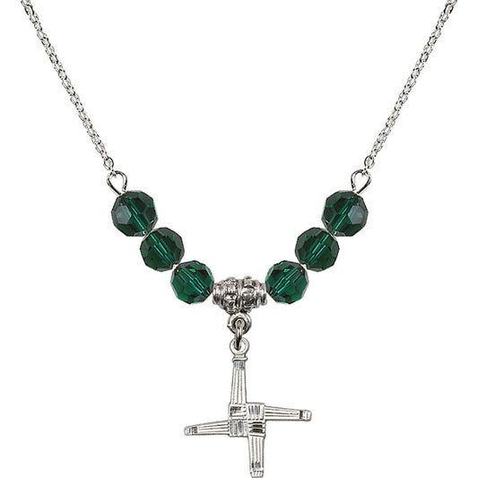 Sterling Silver Saint Brigid Cross Birthstone Necklace with Emerald Beads - 0290