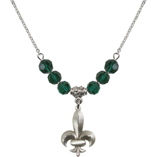 Sterling Silver Fleur de Lis Birthstone Necklace with Emerald Beads - 0294
