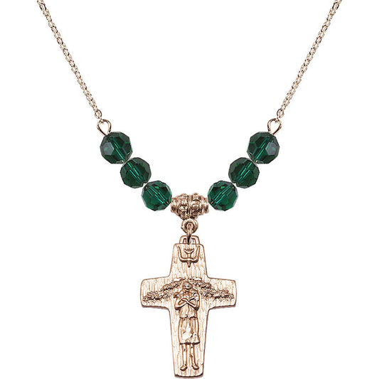 14kt Gold Filled Papal Crucifix Birthstone Necklace with Emerald Beads - 0569