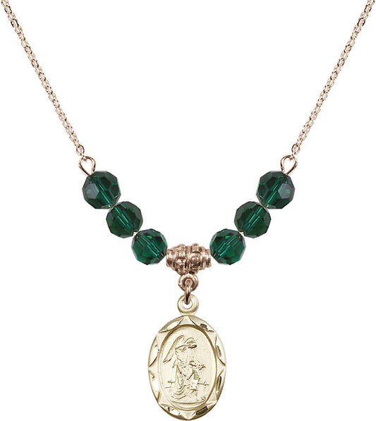 14kt Gold Filled Guardian Angel Birthstone Necklace with Emerald Beads - 0612