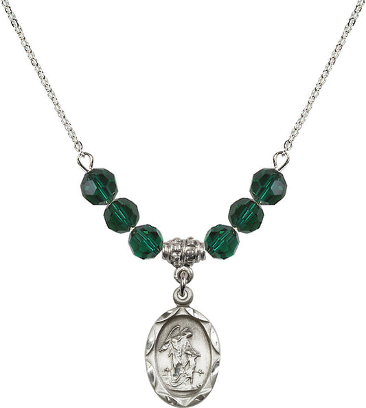 Sterling Silver Guardian Angel Birthstone Necklace with Emerald Beads - 0612