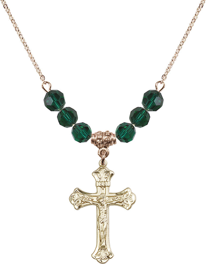 14kt Gold Filled Crucifix Birthstone Necklace with Emerald Beads - 0622
