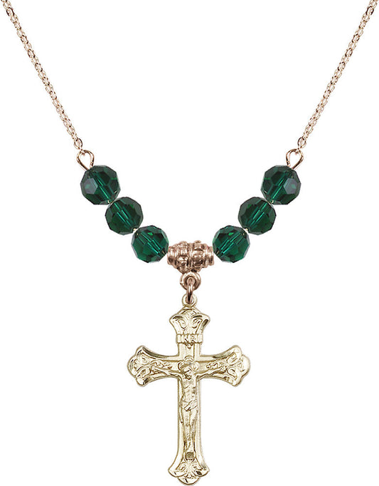 14kt Gold Filled Crucifix Birthstone Necklace with Emerald Beads - 0622