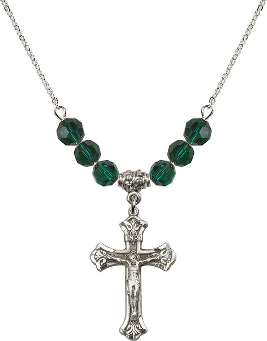 Sterling Silver Crucifix Birthstone Necklace with Emerald Beads - 0622