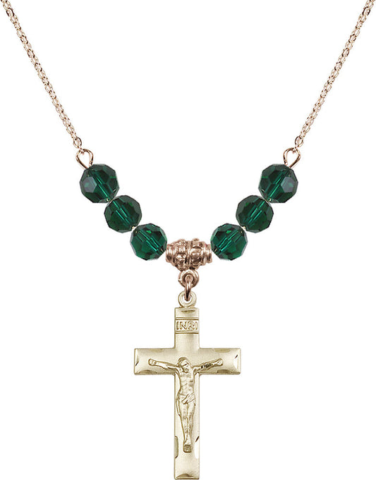 14kt Gold Filled Crucifix Birthstone Necklace with Emerald Beads - 0624