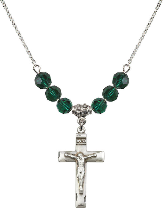 Sterling Silver Crucifix Birthstone Necklace with Emerald Beads - 0624