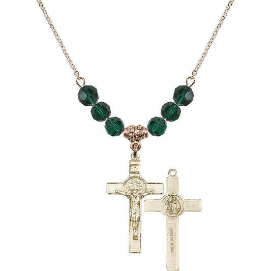 14kt Gold Filled Saint Benedict Crucifix Birthstone Necklace with Emerald Beads - 0625