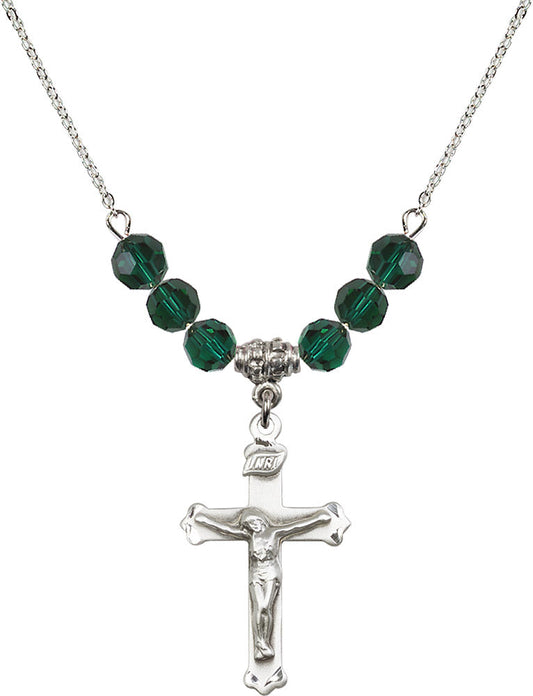 Sterling Silver Crucifix Birthstone Necklace with Emerald Beads - 0651
