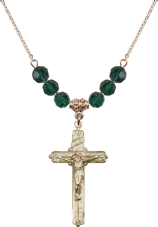 14kt Gold Filled Crucifix Birthstone Necklace with Emerald Beads - 0655