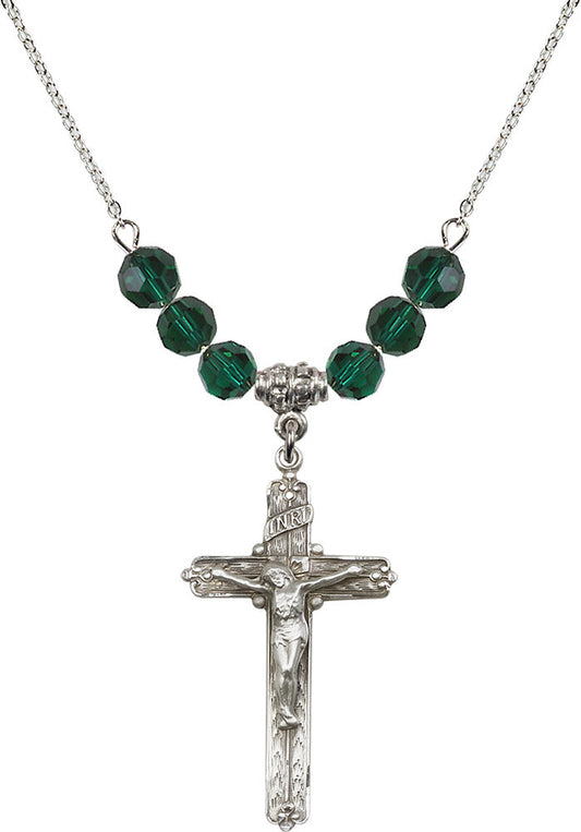 Sterling Silver Crucifix Birthstone Necklace with Emerald Beads - 0655