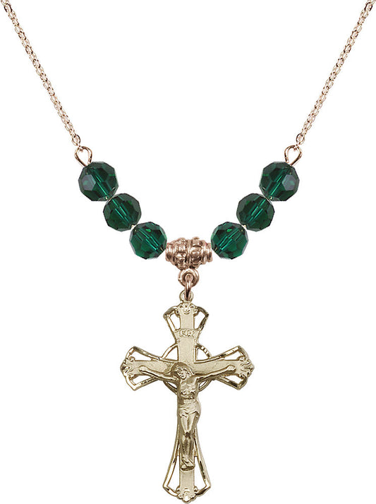 14kt Gold Filled Crucifix Birthstone Necklace with Emerald Beads - 0659