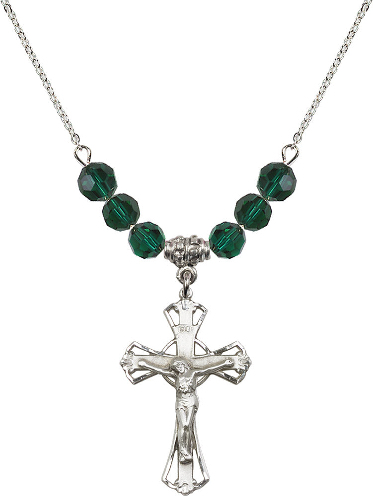 Sterling Silver Crucifix Birthstone Necklace with Emerald Beads - 0659