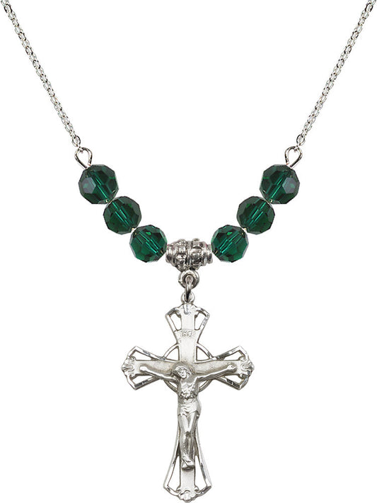 Sterling Silver Crucifix Birthstone Necklace with Emerald Beads - 0659