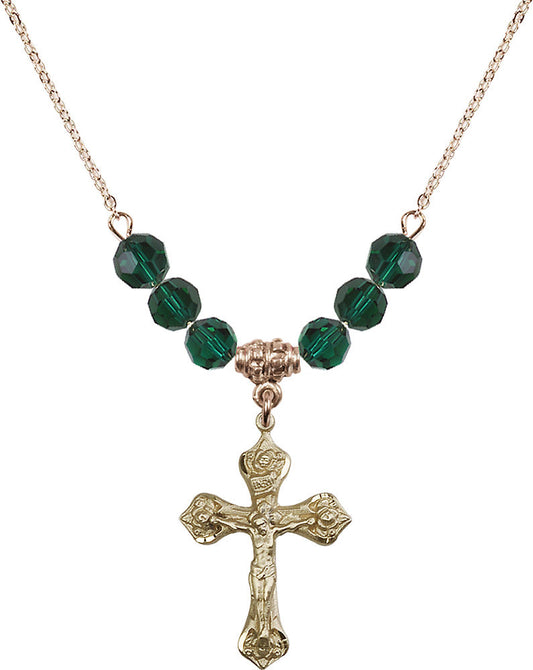 14kt Gold Filled Crucifix Birthstone Necklace with Emerald Beads - 0662