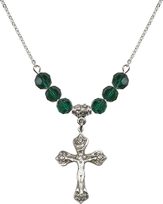 Sterling Silver Crucifix Birthstone Necklace with Emerald Beads - 0662