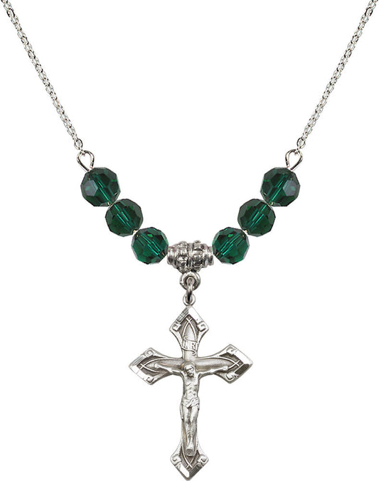 Sterling Silver Crucifix Birthstone Necklace with Emerald Beads - 0663