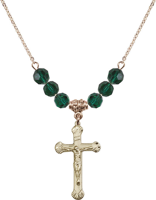 14kt Gold Filled Crucifix Birthstone Necklace with Emerald Beads - 0664