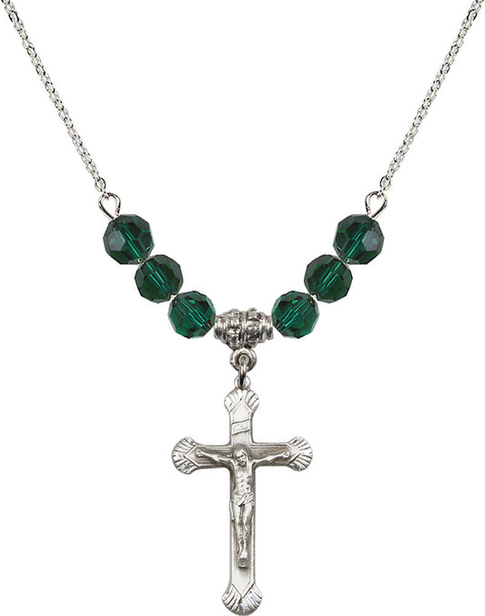 Sterling Silver Crucifix Birthstone Necklace with Emerald Beads - 0664