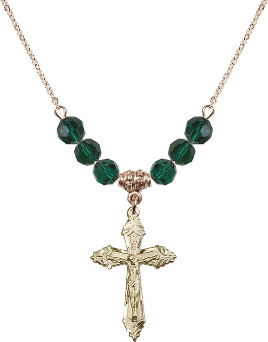 14kt Gold Filled Crucifix Birthstone Necklace with Emerald Beads - 0665