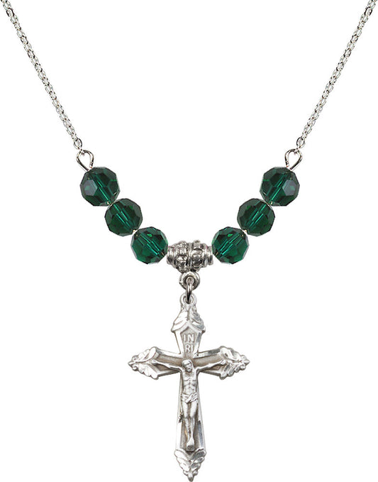 Sterling Silver Crucifix Birthstone Necklace with Emerald Beads - 0665