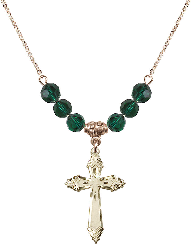 14kt Gold Filled Cross Birthstone Necklace with Emerald Beads - 0665