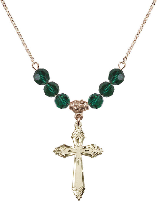 14kt Gold Filled Cross Birthstone Necklace with Emerald Beads - 0665