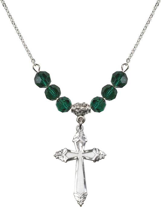 Sterling Silver Cross Birthstone Necklace with Emerald Beads - 0665