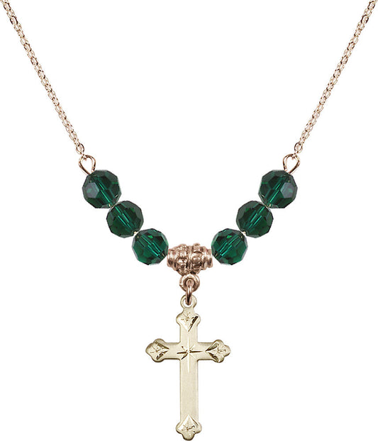 14kt Gold Filled Cross Birthstone Necklace with Emerald Beads - 0667