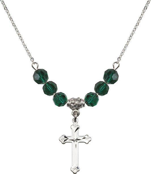 Sterling Silver Cross Birthstone Necklace with Emerald Beads - 0667