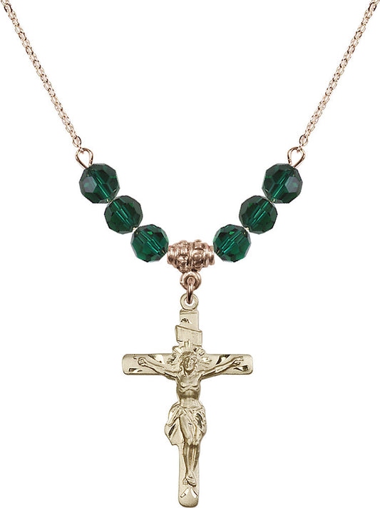 14kt Gold Filled Crucifix Birthstone Necklace with Emerald Beads - 0668