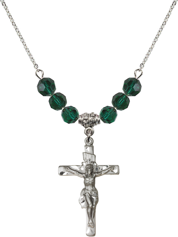 Sterling Silver Crucifix Birthstone Necklace with Emerald Beads - 0668