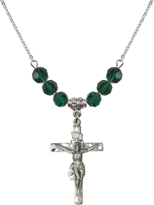 Sterling Silver Crucifix Birthstone Necklace with Emerald Beads - 0668