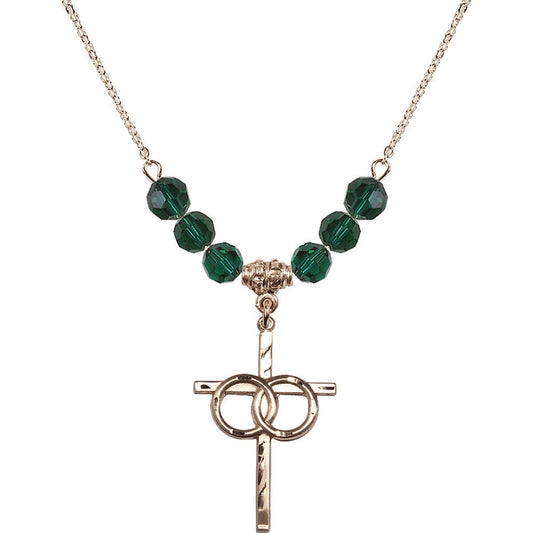 14kt Gold Filled Wedding Rings Cross Birthstone Necklace with Emerald Beads - 0671