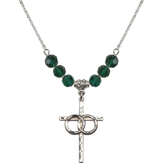 Sterling Silver Wedding Rings Cross Birthstone Necklace with Emerald Beads - 0671