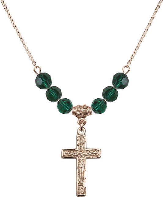 14kt Gold Filled Crucifix Birthstone Necklace with Emerald Beads - 0673