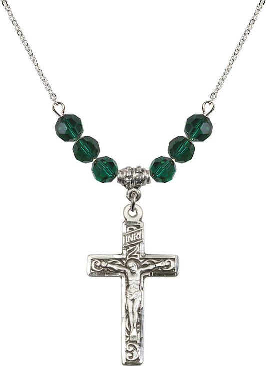 Sterling Silver Crucifix Birthstone Necklace with Emerald Beads - 0674