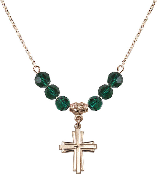 14kt Gold Filled Cross Birthstone Necklace with Emerald Beads - 0675