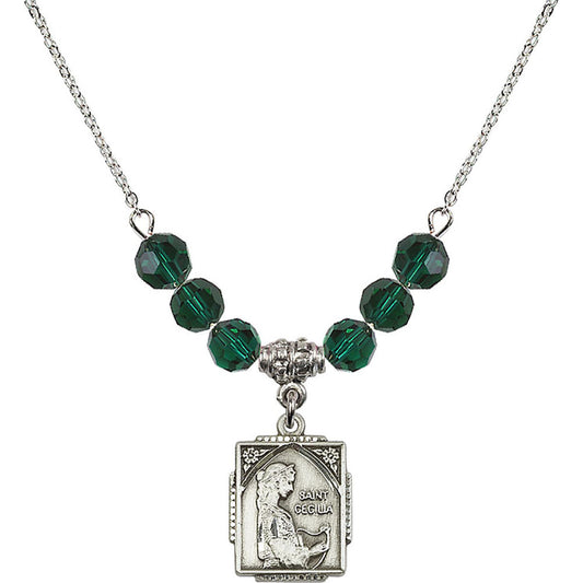 Sterling Silver Saint Cecilia Birthstone Necklace with Emerald Beads - 0804
