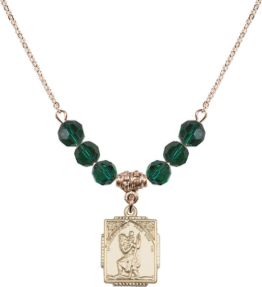 14kt Gold Filled Saint Christopher Birthstone Necklace with Emerald Beads - 0804