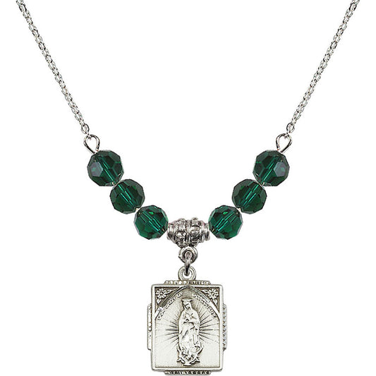 Sterling Silver Our Lady of Guadalupe Birthstone Necklace with Emerald Beads - 0804