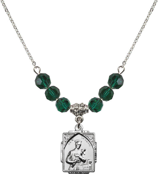Sterling Silver Saint Gerard Birthstone Necklace with Emerald Beads - 0804