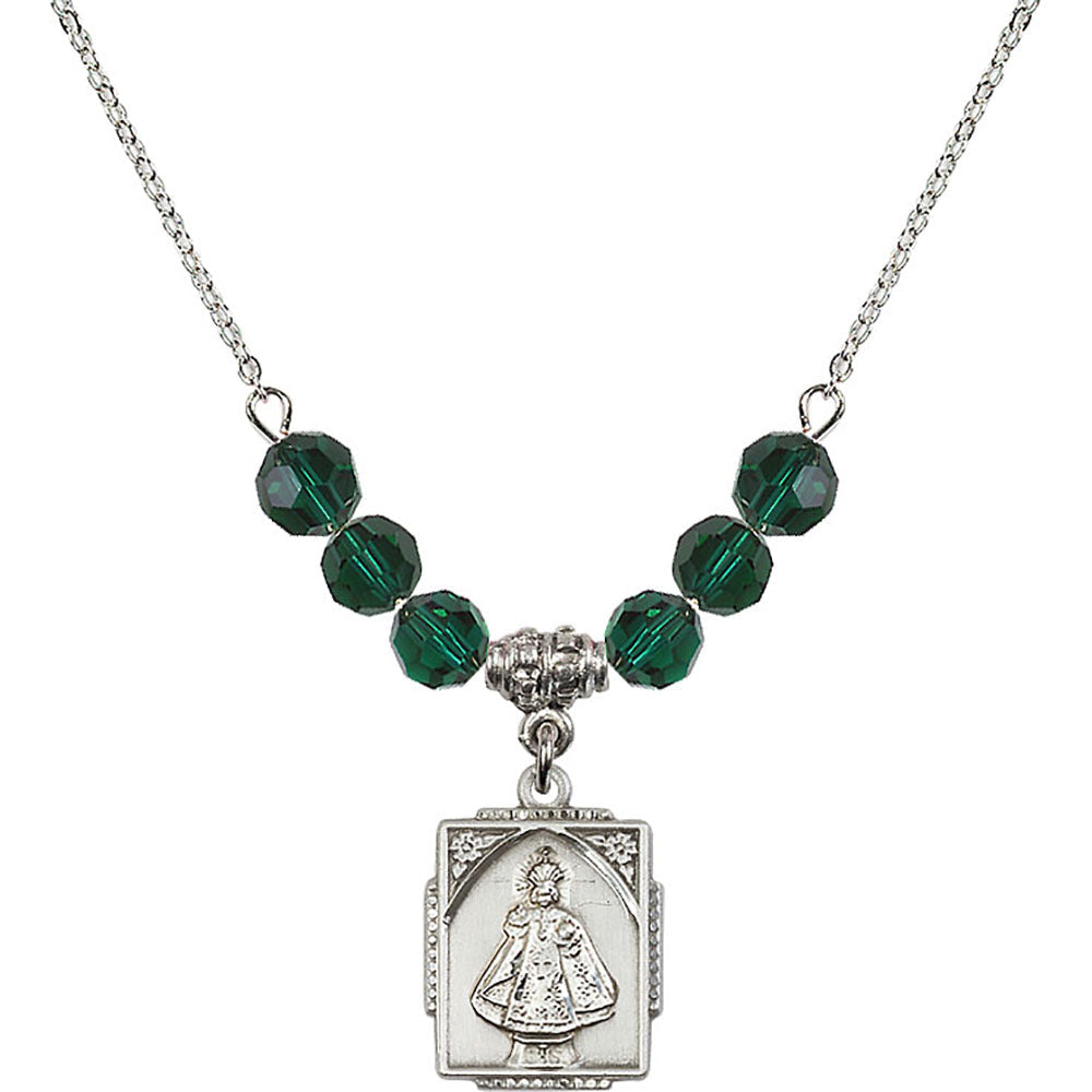 Sterling Silver Infant of Prague Birthstone Necklace with Emerald Beads - 0804