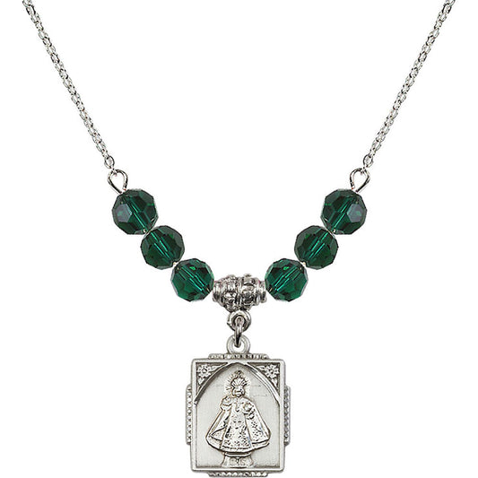 Sterling Silver Infant of Prague Birthstone Necklace with Emerald Beads - 0804
