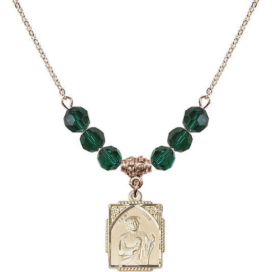 14kt Gold Filled Saint Jude Birthstone Necklace with Emerald Beads - 0804